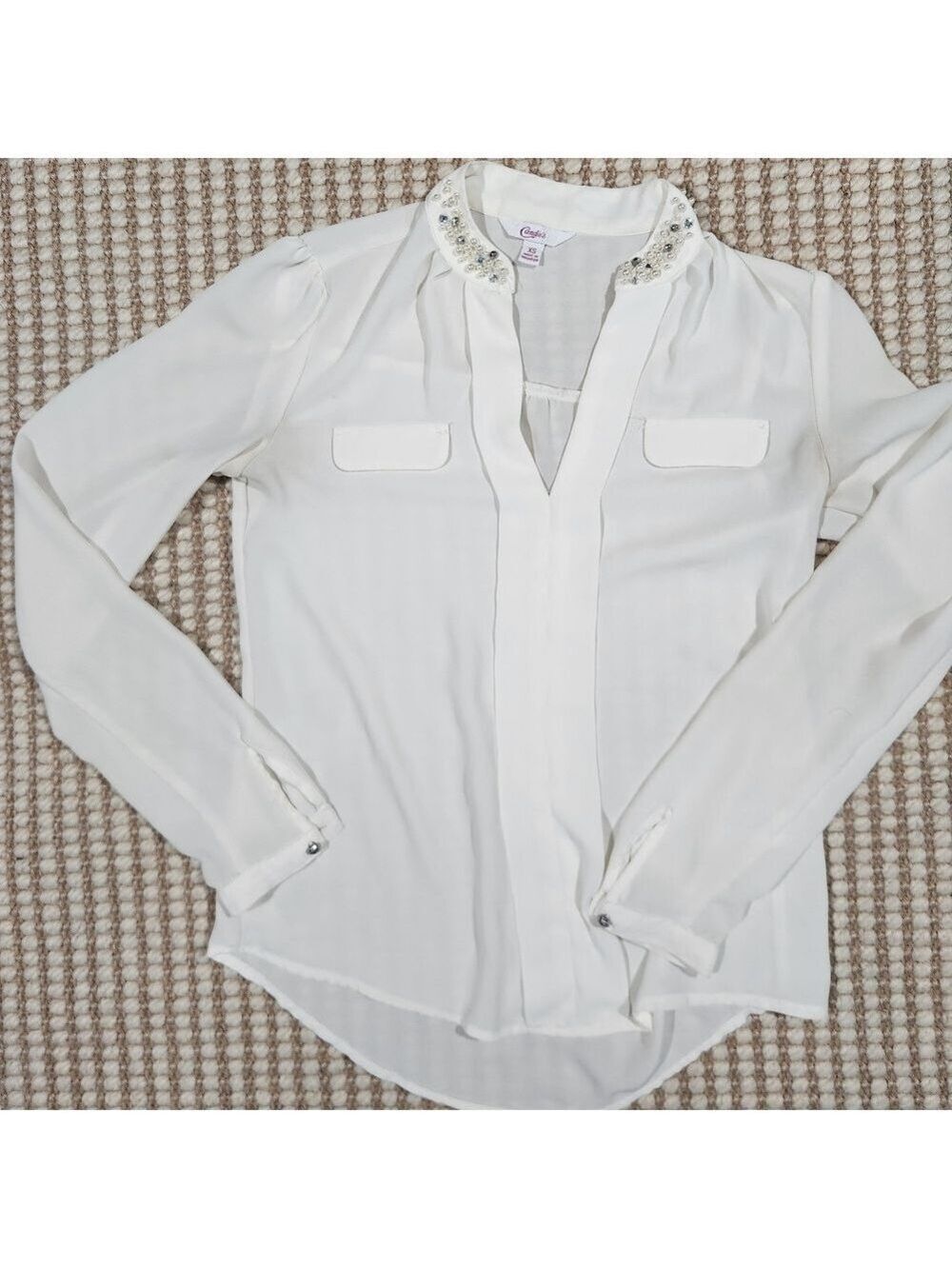 Y2K Candie's Elegant Sheer Long Sleeve XS Cream Buttonup Blouse w/ Jewel Collar